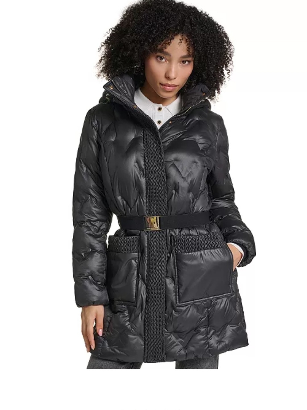 Karl Lagerfeld Black Quilted Belted Puffer Coat with Hood